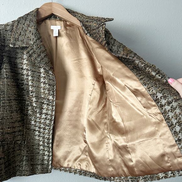 Chico’s Size 2 Olive Green Metallic Gold Tweed Button Blazer women’s size large - Picture 10 of 14
